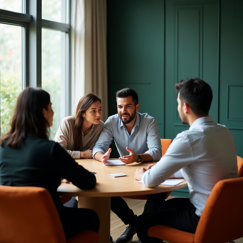 Kleine Gruppe diskutiert an einem Konferenztisch in einem hellen Büro