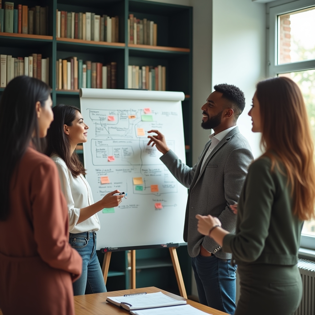 Gruppe erarbeitet gemeinsam Kommunikationsstrategien an einem Flipchart