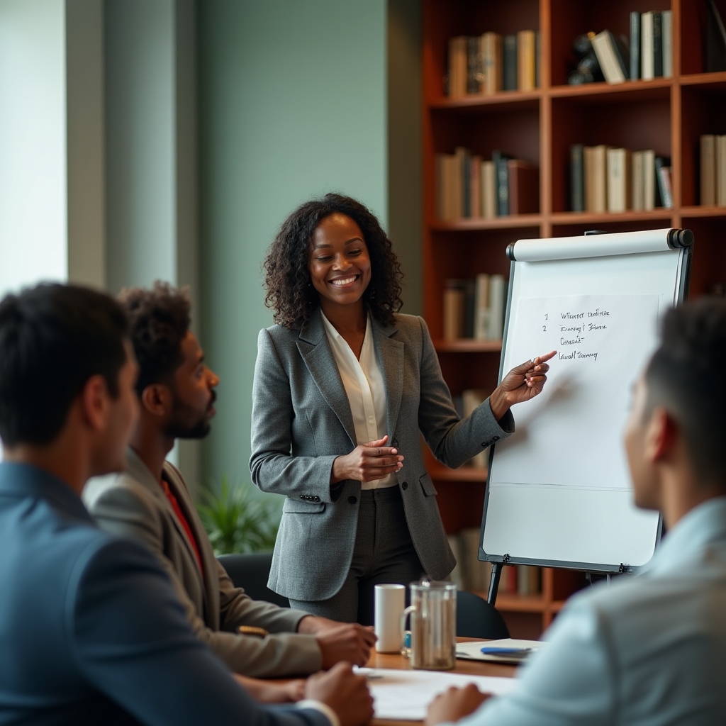 Teilnehmende üben eine Präsentation vor einer Gruppe im Workshop-Raum